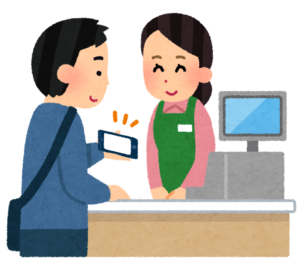 レジでスマホを見せる人のイラスト