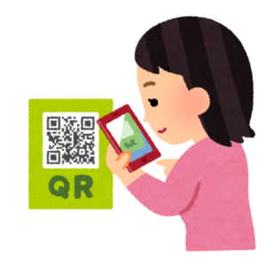 スマートフォンのカメラを使ってQRコードを撮影している女性のイラスト
